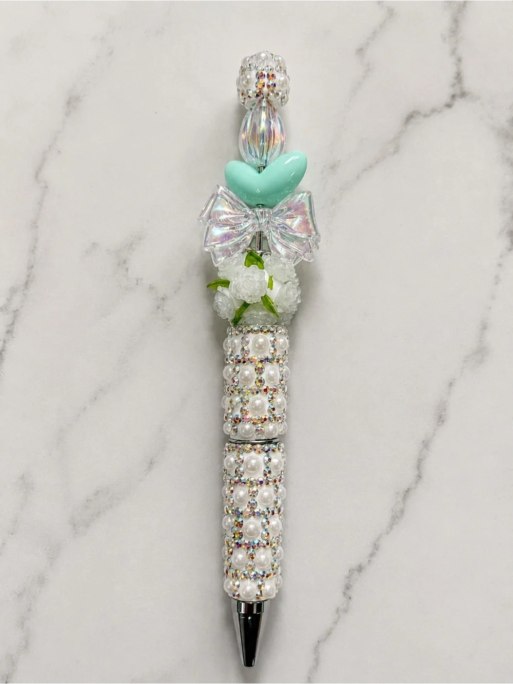 Handmade Iridescent Bow Pearl Beaded Rhinestone Pen